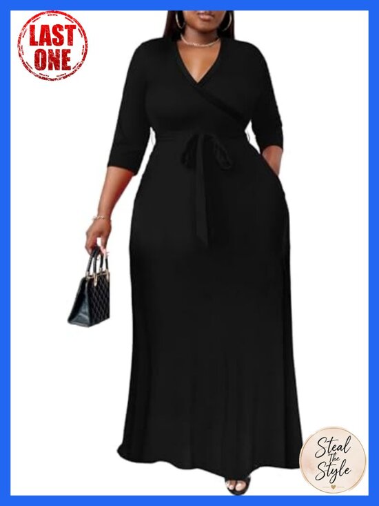 Dresses & Skirts - Plus Size Maxi Dress for Curvy Women - 3/4 Sleeve V-Neck Flowy Dress with